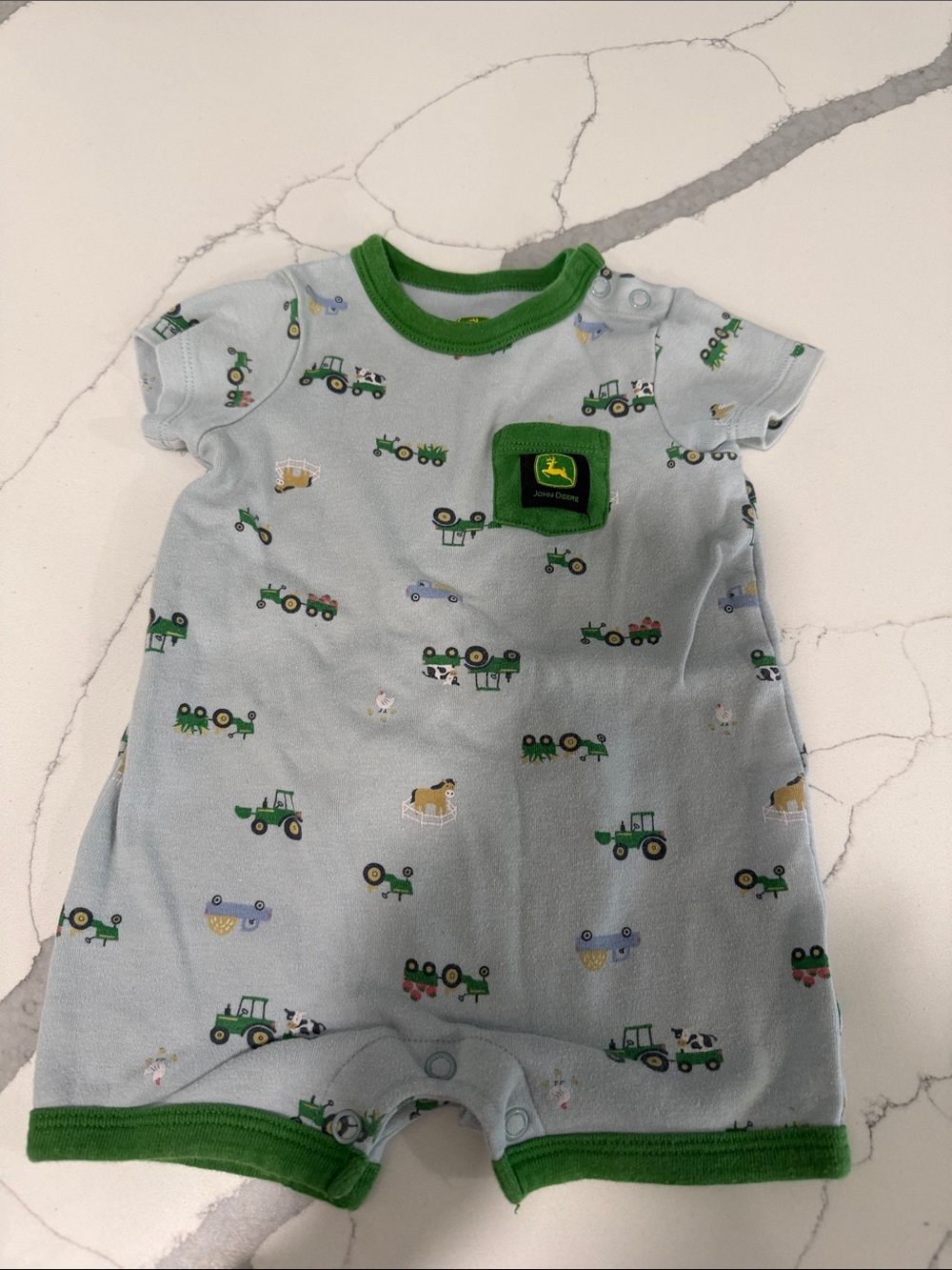 John Deere Light Blue and Green Infant Tractor Romper